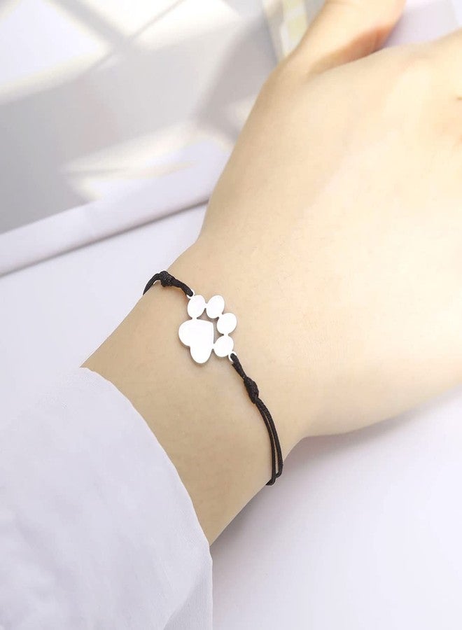 UNIFT Paw Print Layered Bracelet For Women Stainless Steel Hollow Out Cat Paw Print Strings Bracelet Cute Charm Adjustable Double Rope Bracelet Jewelry Cat Lover Gifts (silver 1, Stainless Steel) - Image 2